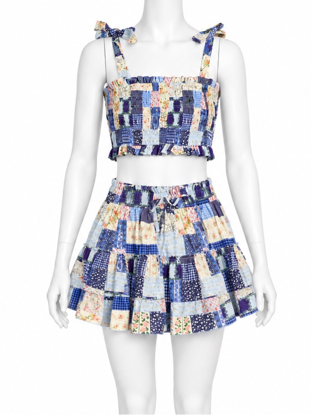 Pink Lily Patchwork Blue Mini Skirt and Cropped Top size Medium
